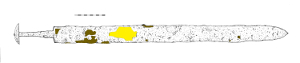 organic residues on the front side of the sword, yellow leather, brown wood